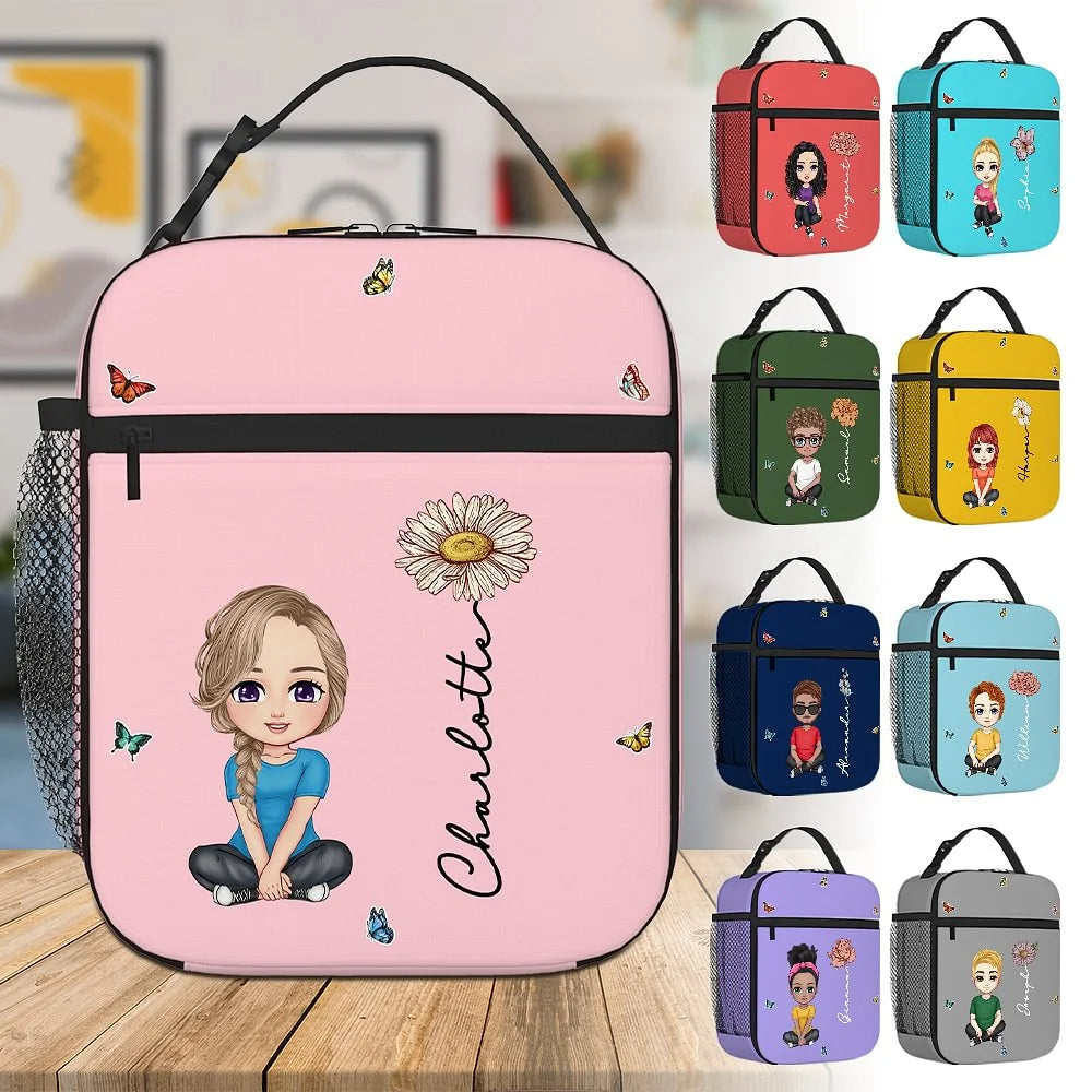 Personalised Waterproof Insulated Lunch Bag with Cartoon Character, Birth Flower & Name – Back to School, Work, or Picnic Gift for Kids and Family
