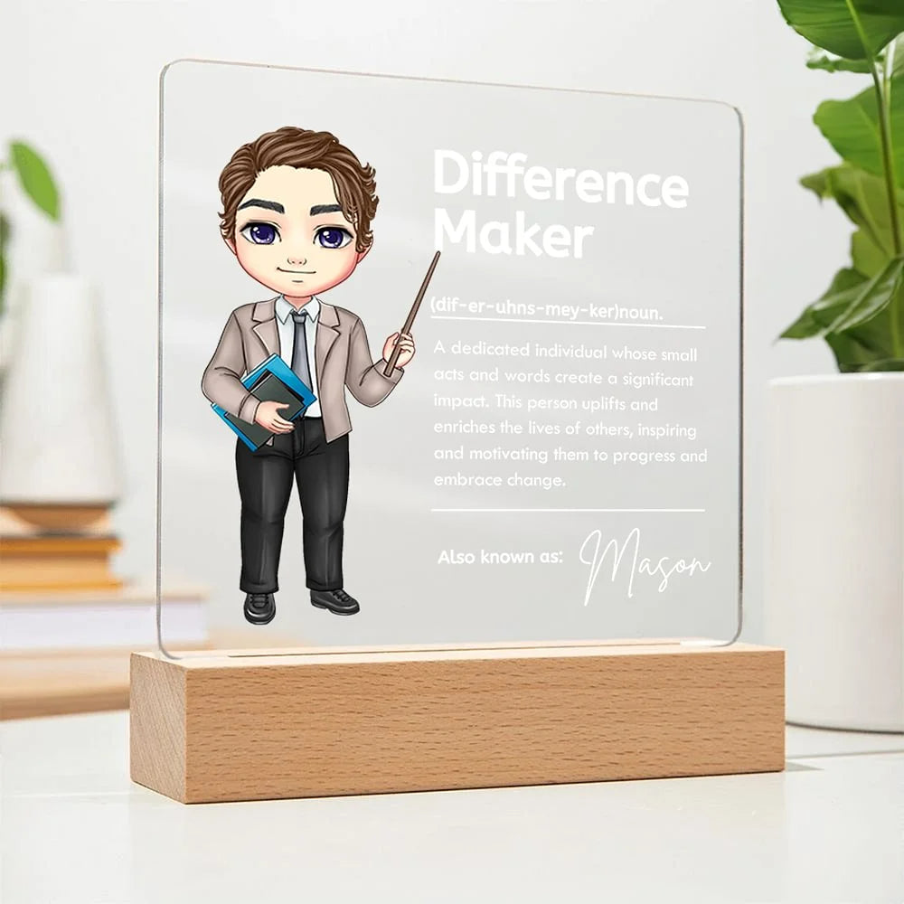 Personalised Cartoon Difference Maker LED Night Light with Name and Wooden Base – Thoughtful Teacher's Day or Birthday Gift for Educators