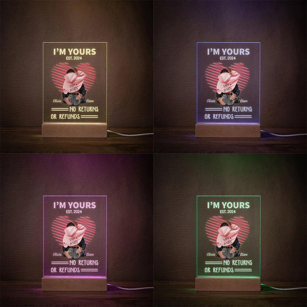 Personalised "I Am Yours No Returns or Refunds" LED Night Light with Wooden Base – Romantic Valentine's Day Gift for Couples