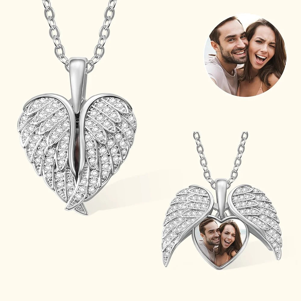 Personalized Cubic Zircon Heart Shape Angel Wing Photo Locket Necklace Anniversary Birthday Gift for Women