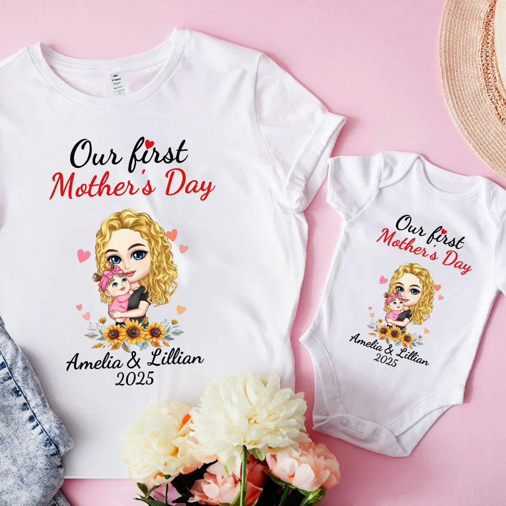 Personalized 'Mom Hugs Baby' Matching Set - 100% Cotton Mother & Baby Bodysuit + T-Shirt - Custom Names & Date - Perfect First Mother's Day Gift, Newborn Keepsake, New Mom Present