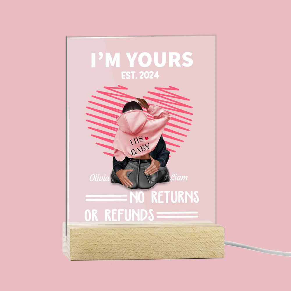 Personalised "I Am Yours No Returns or Refunds" LED Night Light with Wooden Base – Romantic Valentine's Day Gift for Couples