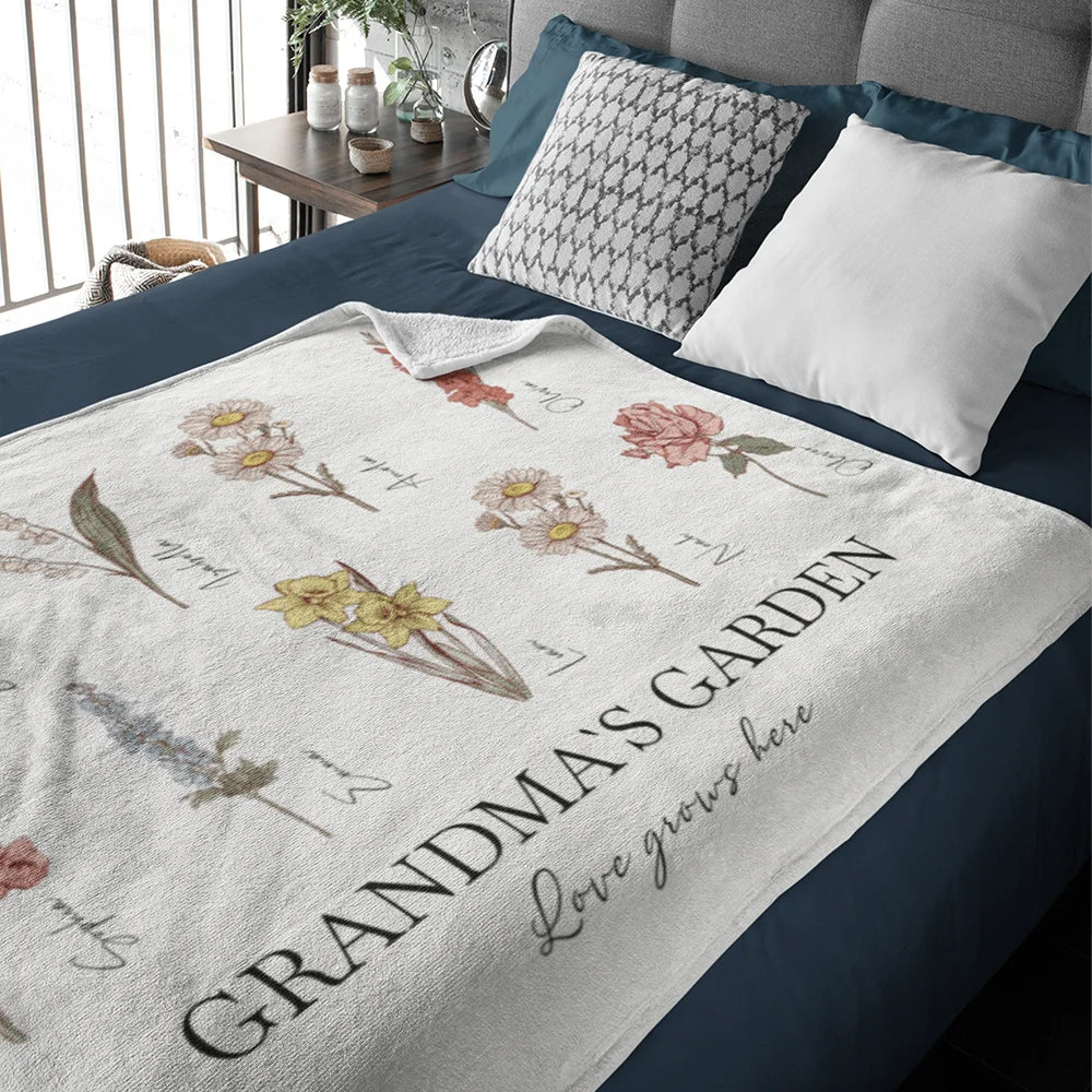 Personalized Love Grows Here Fleece Blanket with Family Birth Flowers – Gift for Mom or Grandma