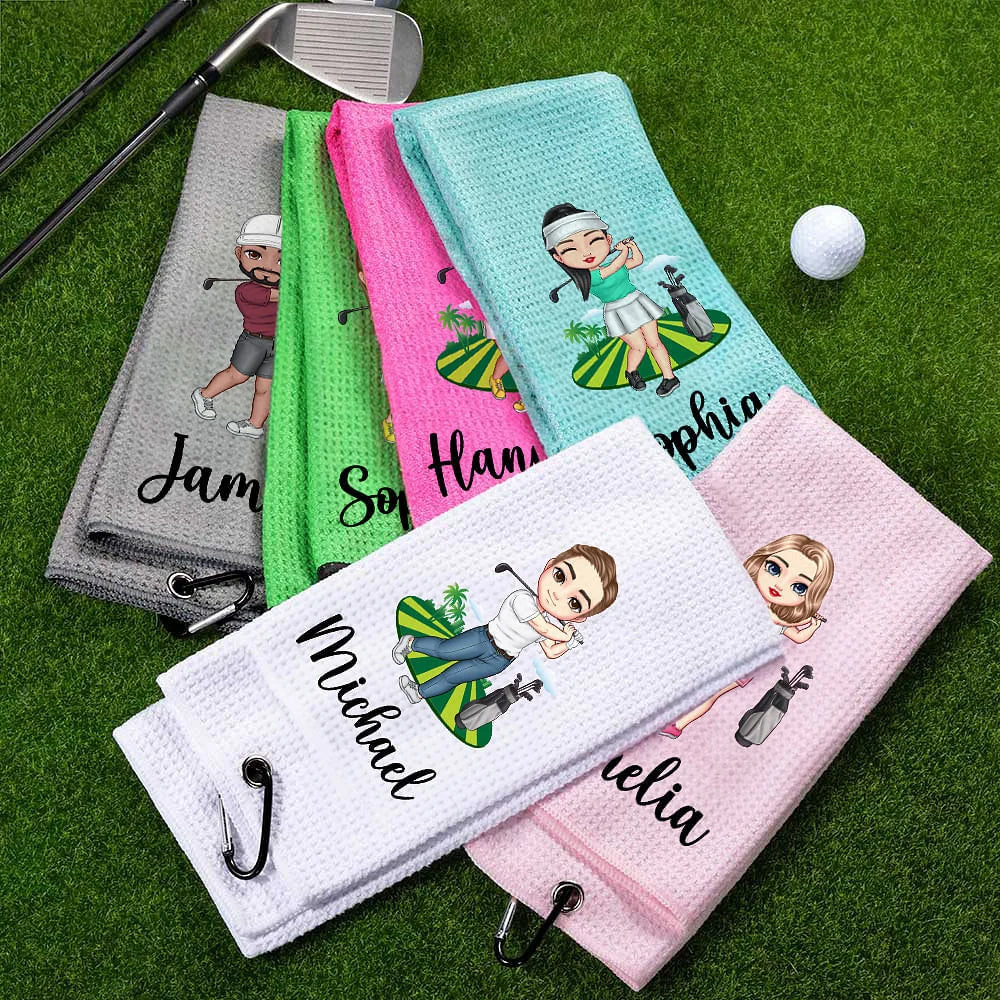 Personalised Colorful Male and Female Cartoon Character Quick-Dry Waffle Towel with Name – Golf Course Sports Accessory Gift for Golf Lovers