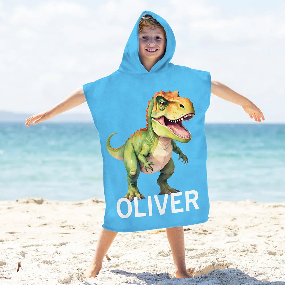Personalized Dinosaur Fantasy Unicorn Hooded Beach Towel with Name – Oversized Multicolor Microfiber Travel Essential Vacation Birthday Gift for Kids