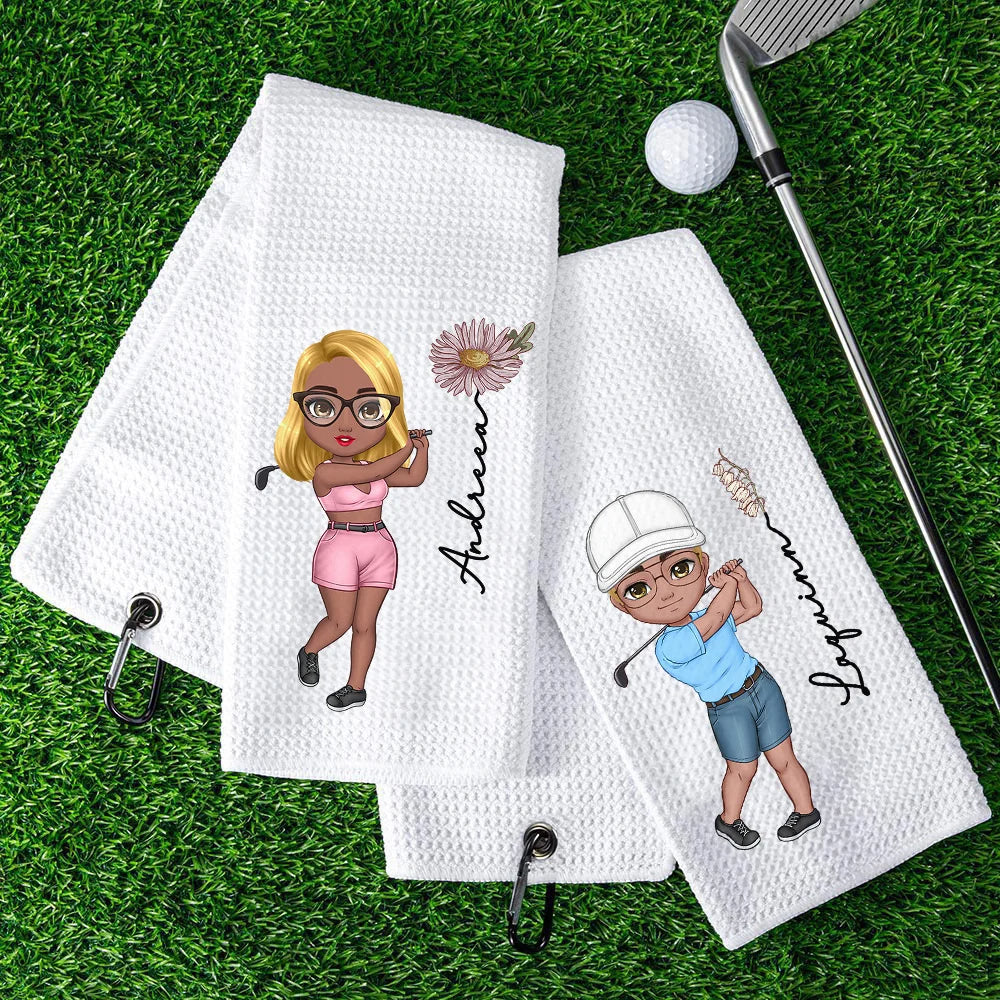 Custom Name Golf Towel – Birth Flower & Cartoon Design, Super Absorbent Waffle Fabric with Clip, Gift for Golfers