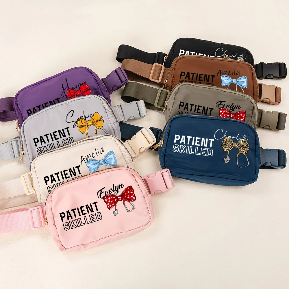 Personalised Waterproof Crossbody Waist Bag with Bow Stethoscope and Name Adjustable Strap Graduation Gift for Medical Students and Staff
