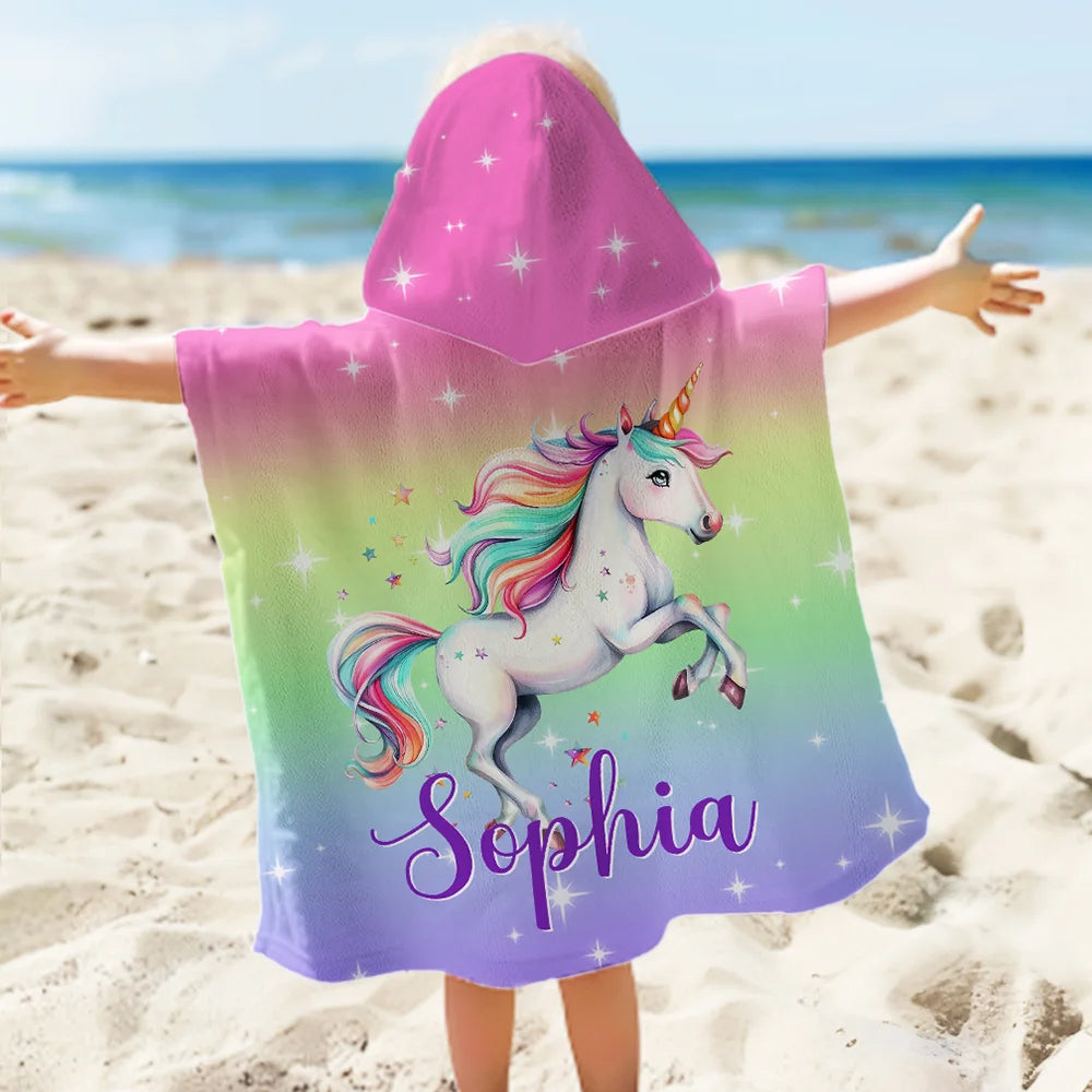 Personalized Dinosaur Fantasy Unicorn Hooded Beach Towel with Name – Oversized Multicolor Microfiber Travel Essential Vacation Birthday Gift for Kids