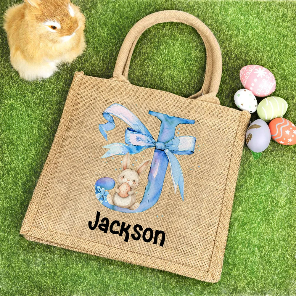 Personalized Easter Bunny & Eggs Tote Bag – Cute Bow Design with Name/Initial – Eco-Friendly Jute Shopper – Easter Party Gift for Kids, Boys & Girls, Travel Accessories