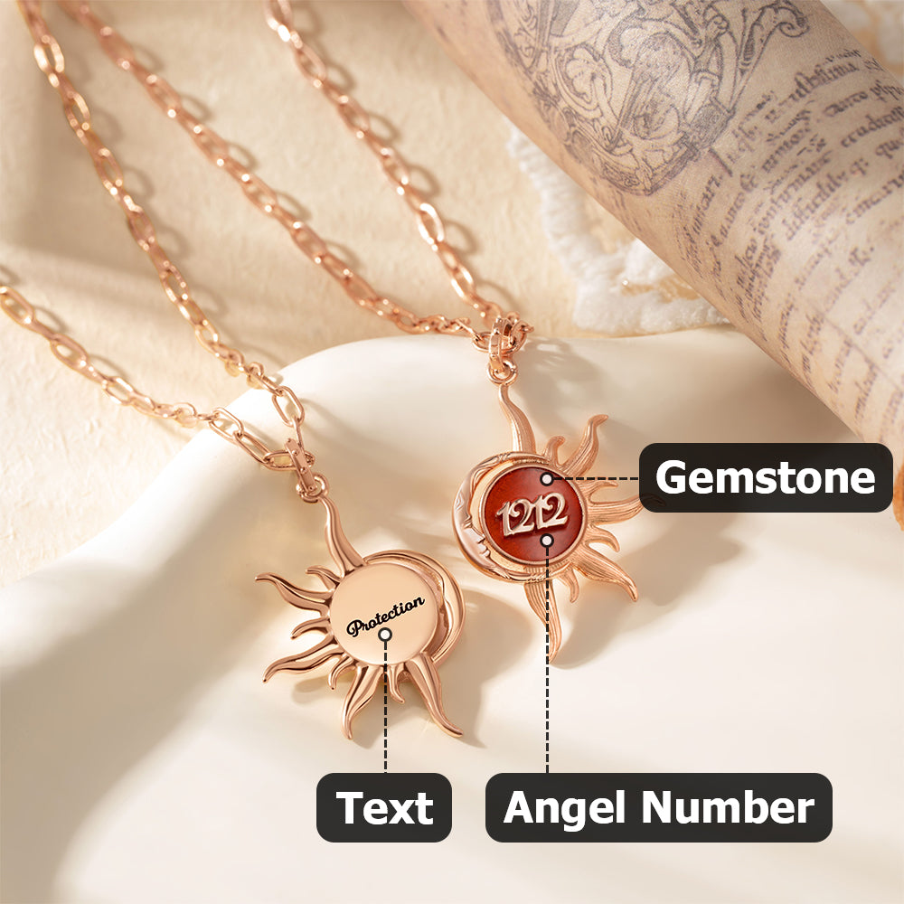 Personalised Angel Number Sun and Moon Energy Gemstone Necklace with Text Birthday Anniversary Gift for Mystery Numerology Lover