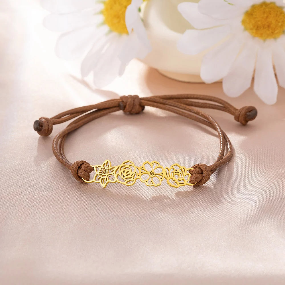 Personalized Minimalist Adjustable 1-8 Birth Flower Waxed Line Bracelet Charm Jewelry Birthday Christmas Gift for Women
