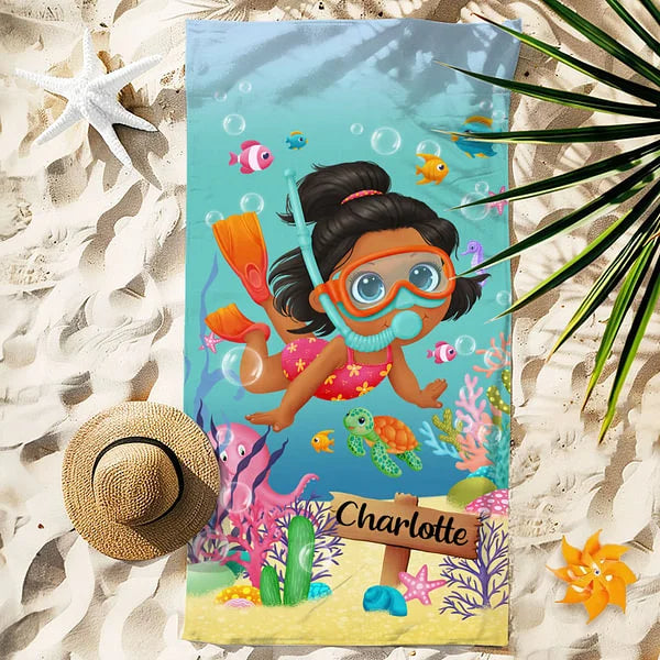 Personalized Microfiber Sea Turtle Coral Diving Kid Soft Quick Dry Beach Towel with Name Beach Essentials Gift for Girls Boys