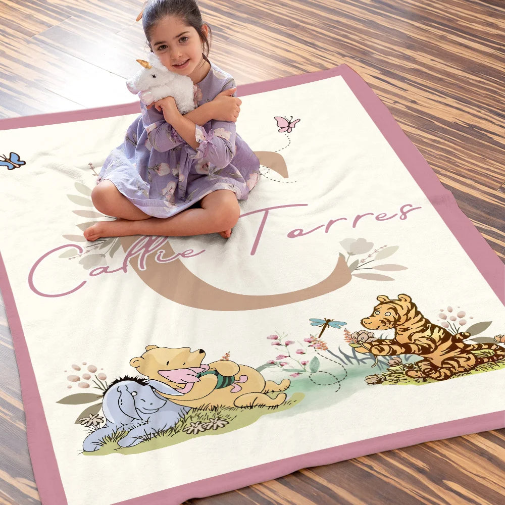 Personalized Soft Throw Blanket with Classic Winnie the Pooh, Name and Initial – Room Decor, Birthday or Baby Shower Gift for Babies and Kids