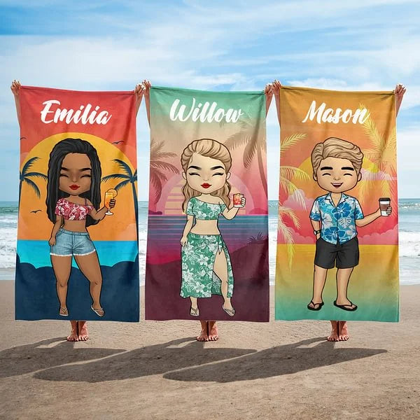 Custom Name Beach Towel – Oversized Quick-Dry Microfiber, Hawaiian Sunset Stripes – Summer Gift for Family, Friends, Women & Men