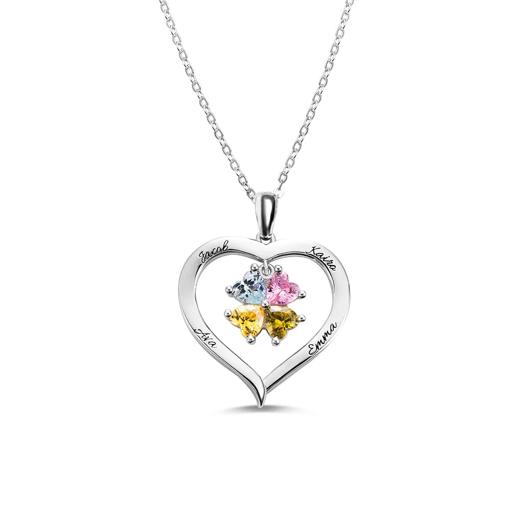 Personalized Sterling Silver Heart Shape Birthstone Necklace with 1-8 Engraved Names Mother's Day Gift for Her
