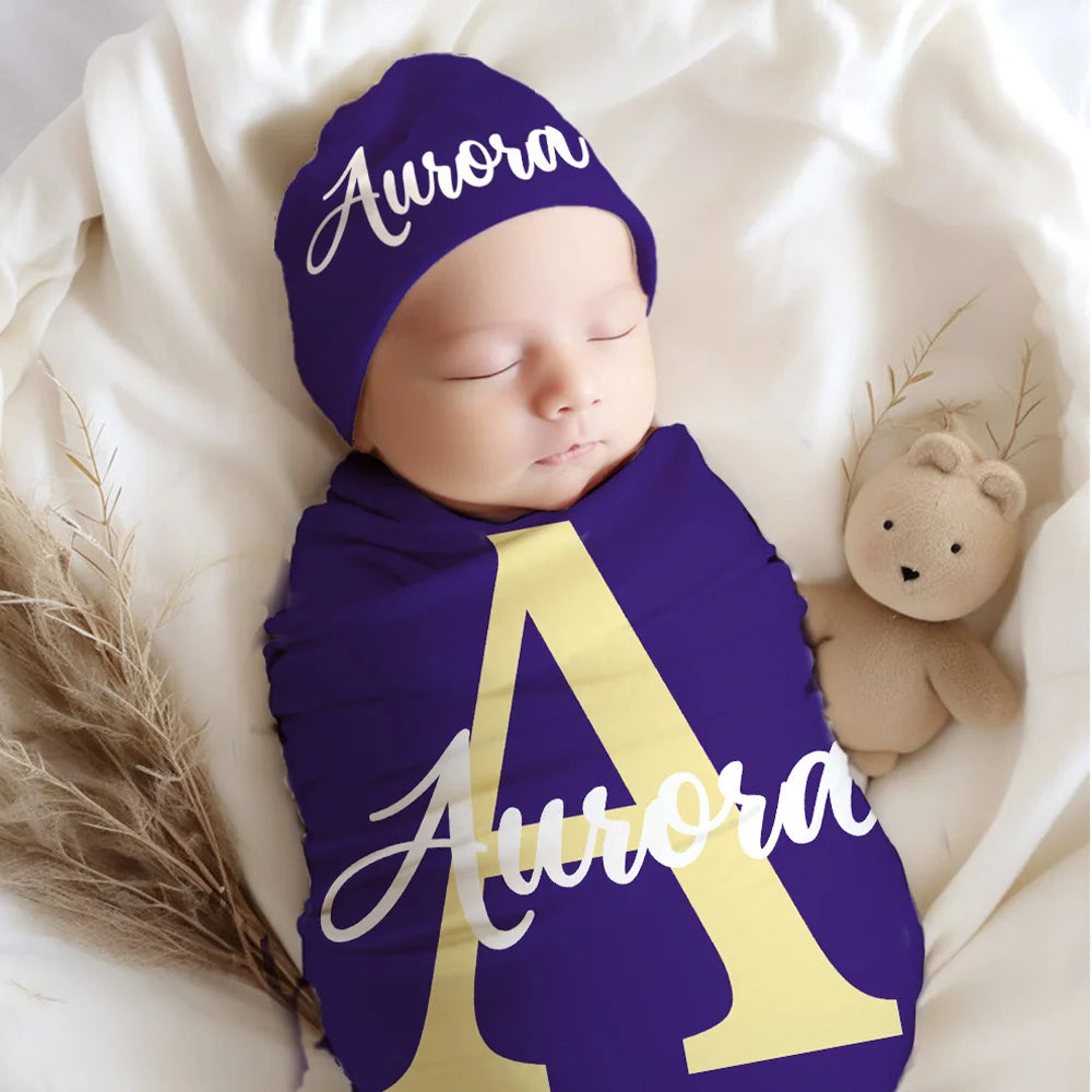 Personalised 100% Cotton Multicolor Flower Initial Name Swaddle and Knot Hat Set Ideal Newborn Gift for Baby Shower or Birthday