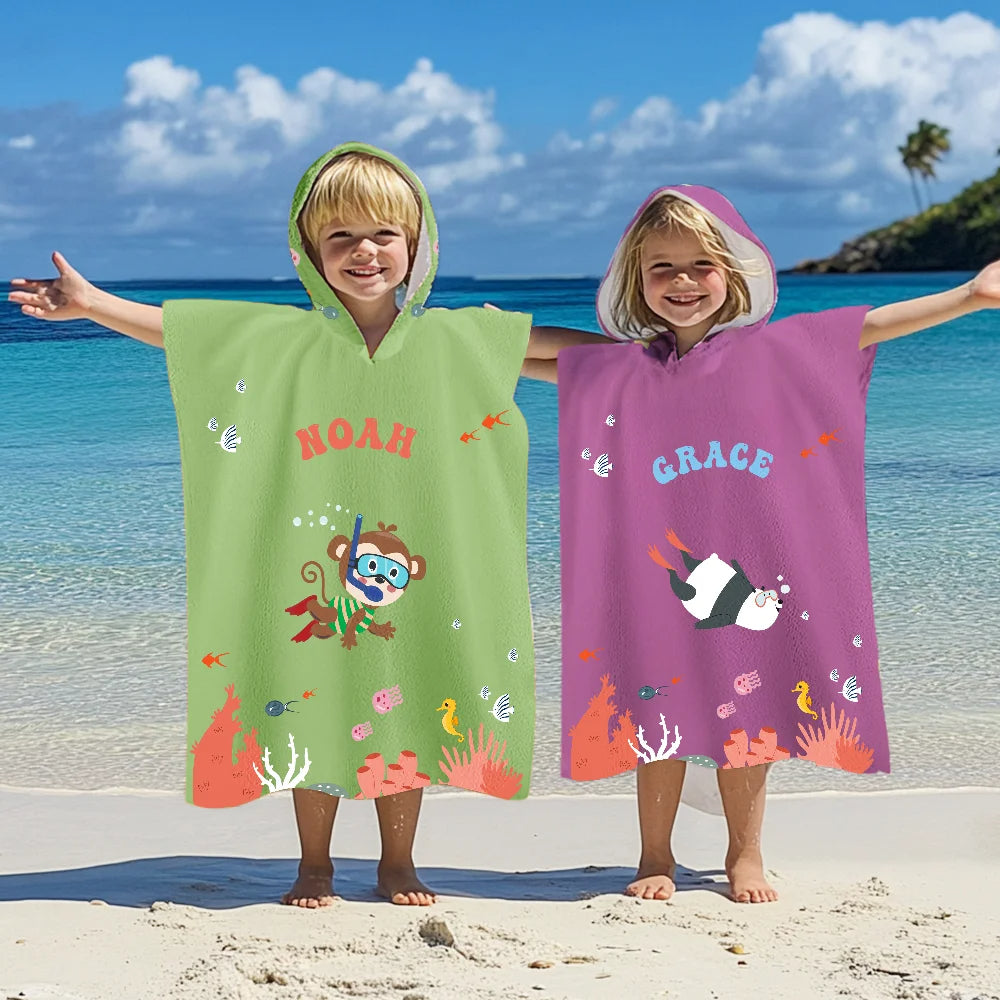 Personalized Multicolor Hooded Beach Towel with Name Soft Quick-Dry Design Featuring Diving Bear Rabbit Animals Perfect Beach Pool Birthday Gift for Kids