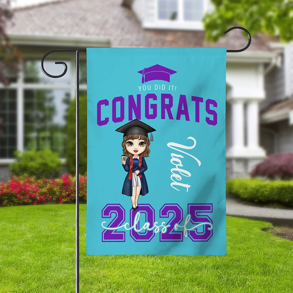 Personalized "You Did It" Grad Hat Cartoon Character Garden Flag with Name – Family Party Decor Graduation Gift for Class of 2025 Graduates