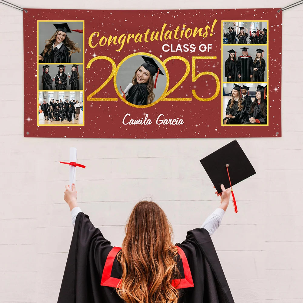 Personalised Class of 2025 Graduation Banner with 3–17 Photo Collages and Name – Celebration Party Decor and Gift for Graduates
