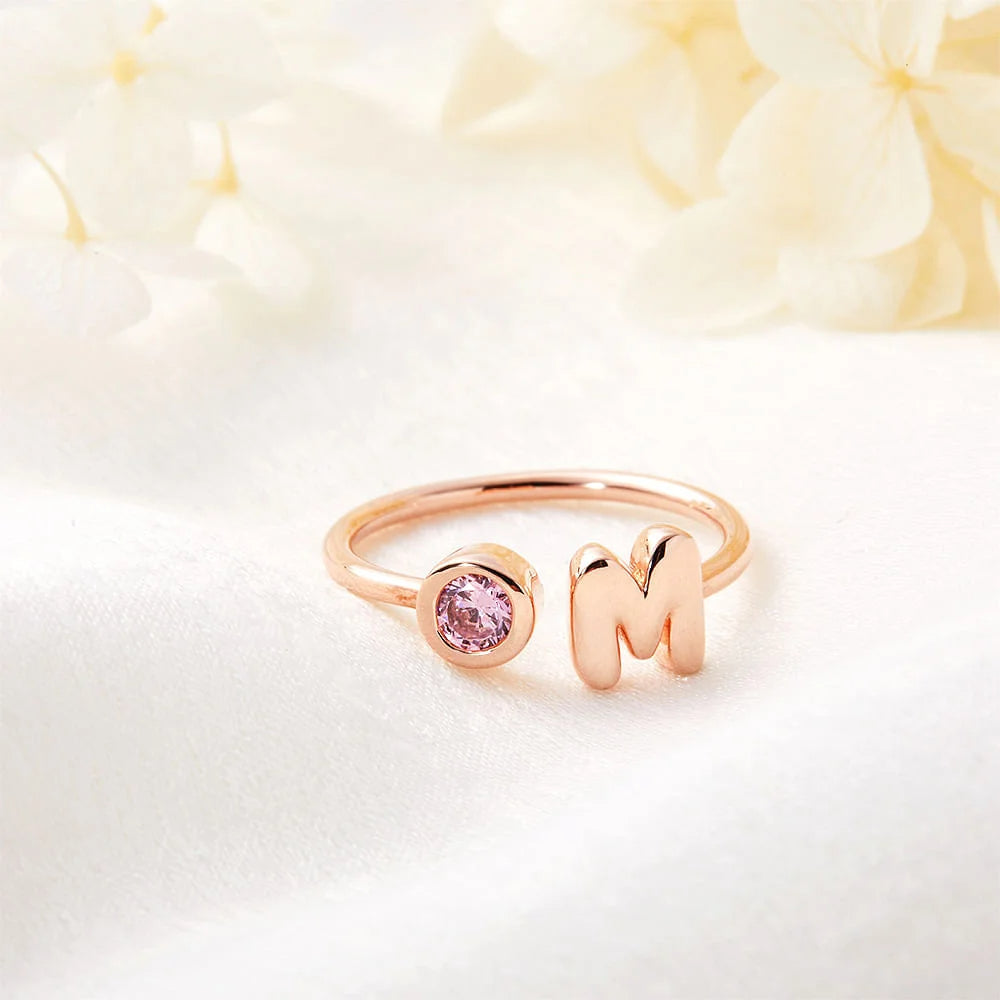 Personalized Cute 3D Bubble Letter Birthstone Adjustable Ring Dainty Jewelry Birthday Anniversary Gift for Women Girls