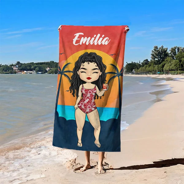 Custom Name Beach Towel – Oversized Quick-Dry Microfiber, Hawaiian Sunset Stripes – Summer Gift for Family, Friends, Women & Men