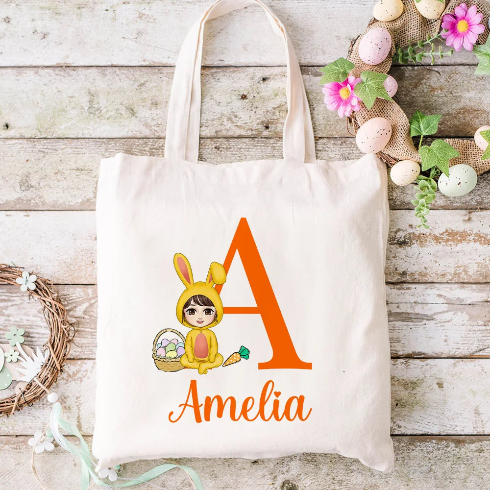 Personalised Canvas Tote Bag with Easter Bunny Cartoon Character, Initial and Name Easter Party Gift for Girls and Boys