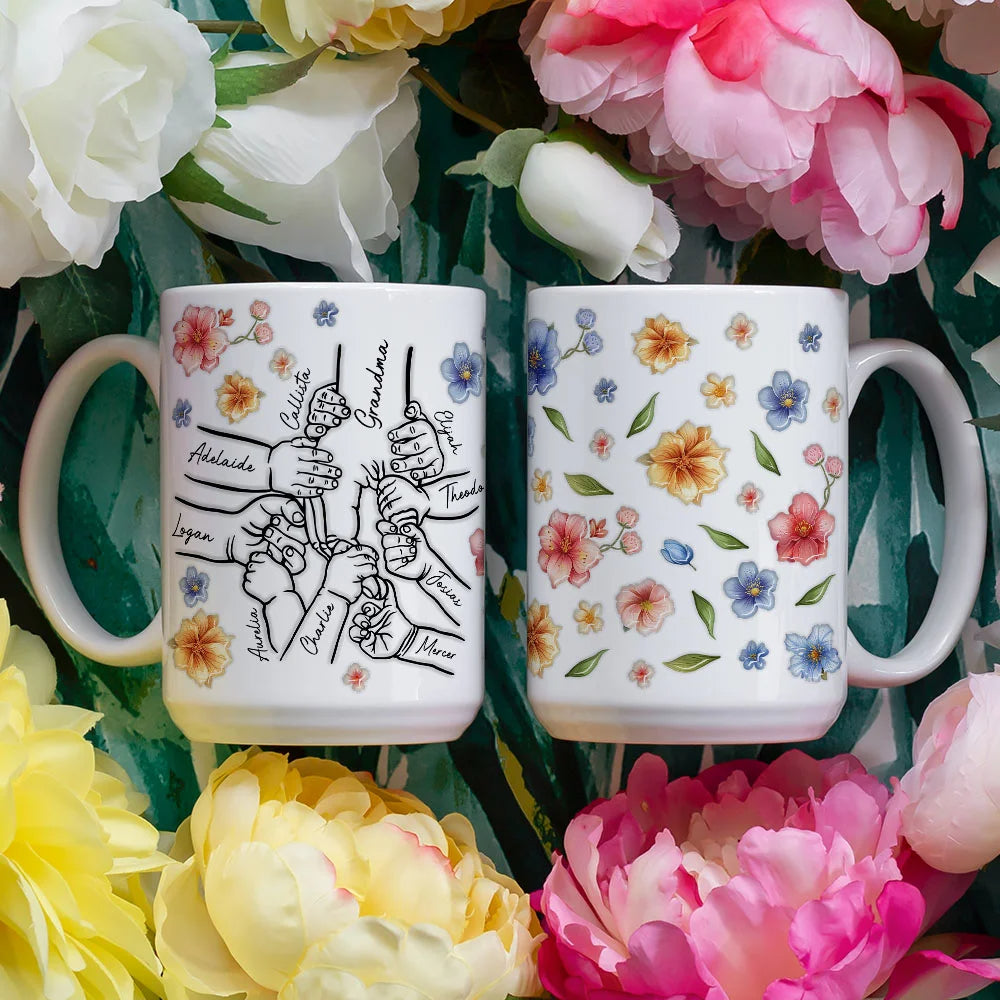 Personalised Watercolor Flower 1-9 Holding Hands Ceramic Mug  with Name Heartfelt Mother’s Day or Birthday Gift for Mom and Grandma