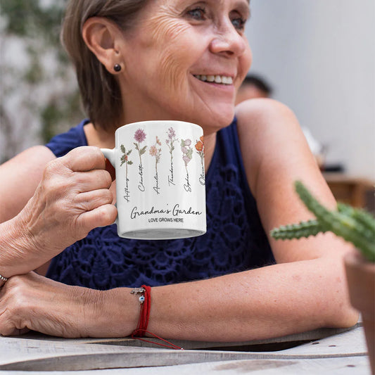 Personalised 11oz Ceramic Mug with Love Grows Here Design, 1-15 Birth Flowers and Names – Perfect Mother’s Day Gift for Mom or Grandma