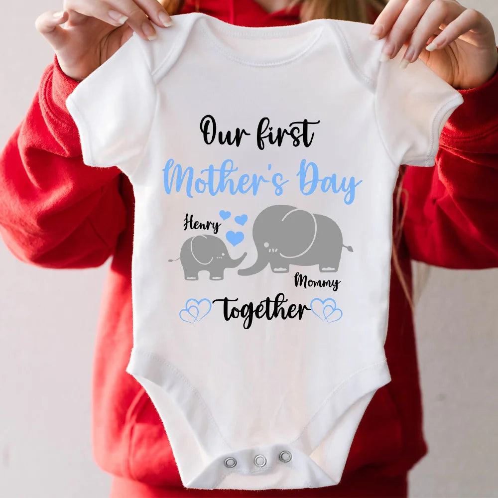 Personalised Together Elephant Design First Mother's Day 100% Cotton Baby Onesie with Names  Gift for Newborn
