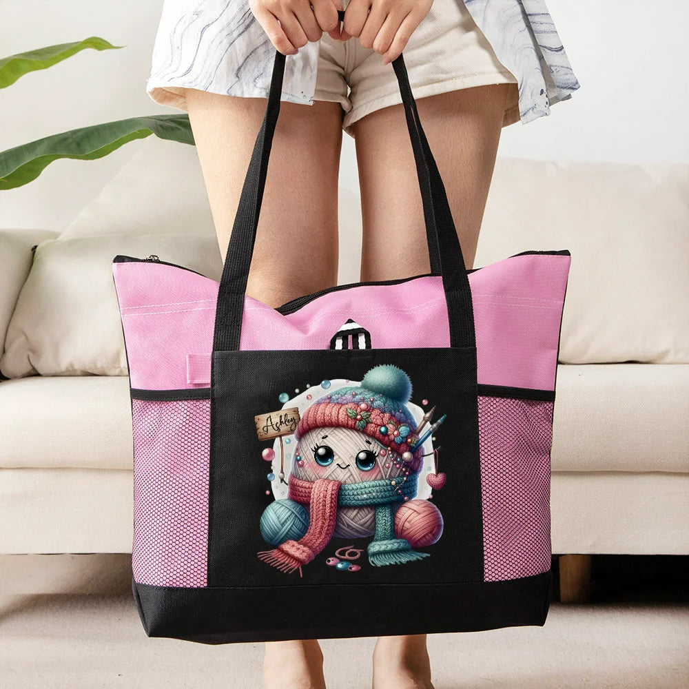 Personalised Adorable Crochet Cartoon Pattern Tote Bag with Mesh Pockets Travel Accessories Gift for Knitting Lover on Birthday