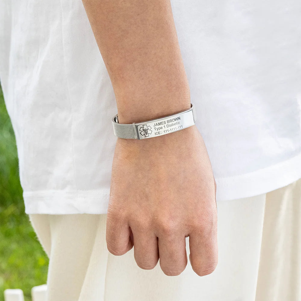 Personalized Adjustable Emergency Medical Alert ID Mesh Band Bracelet with Engraved Text Birthday Gift for Diabetes Allergy Epilepsy Autism
