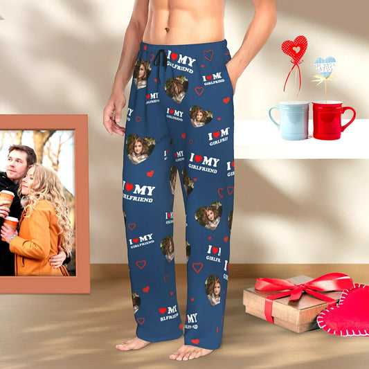 Personalised Photo Portrait Pajama Pants with Drawstring I Love My Boyfriend Girlfriend Valentine's Day or Anniversary Gift for Couples