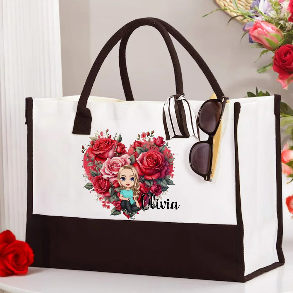 Personalised Birth Flower Bouquet Cartoon Canvas Tote with Name and Initial Reusable Bag Birthday Anniversary Gift for Girls Women