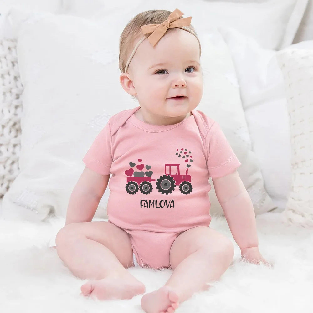 Personalised 100% Cotton Baby Bodysuit T-Shirt with Name Cute Tractor Heart Design Ideal Birthday Anniversary Valentine's Day Gift for Infants Toddlers