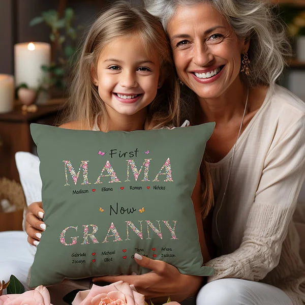 Personalised Heart Flowers Throw Pillow Cover with Kid Names Perfect Mother's Day Birthday Gift for Grandma