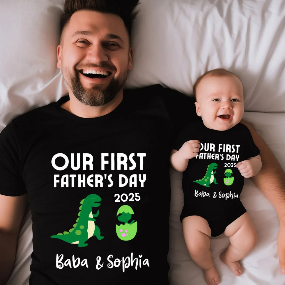 Personalised Cute Green Dinosaur Matching Shirt Set Father and Baby Outfit for New Dad on Our First Father’s Day