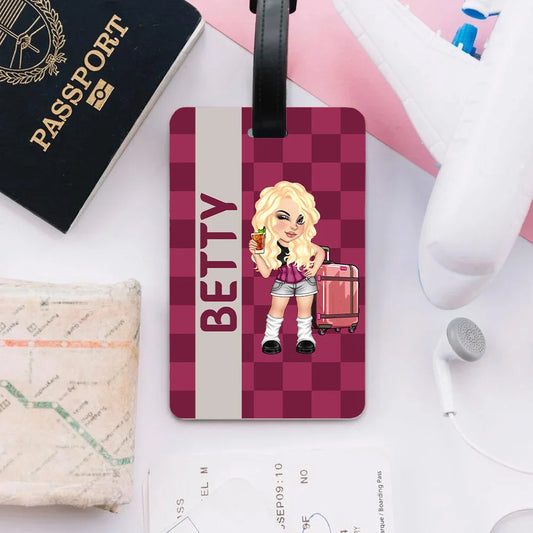 Personalised Colorful Y2K Style Cartoon Character Plaid Luggage Tag with Name – Fun Travel Accessory Birthday Gift for Men, Women, and Y2K Fans