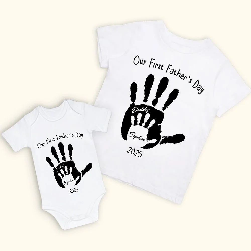 Personalised Handprint Matching Set for Our First Father’s Day Custom Cotton Bodysuit T-shirt with Name and Year for Dad and Baby