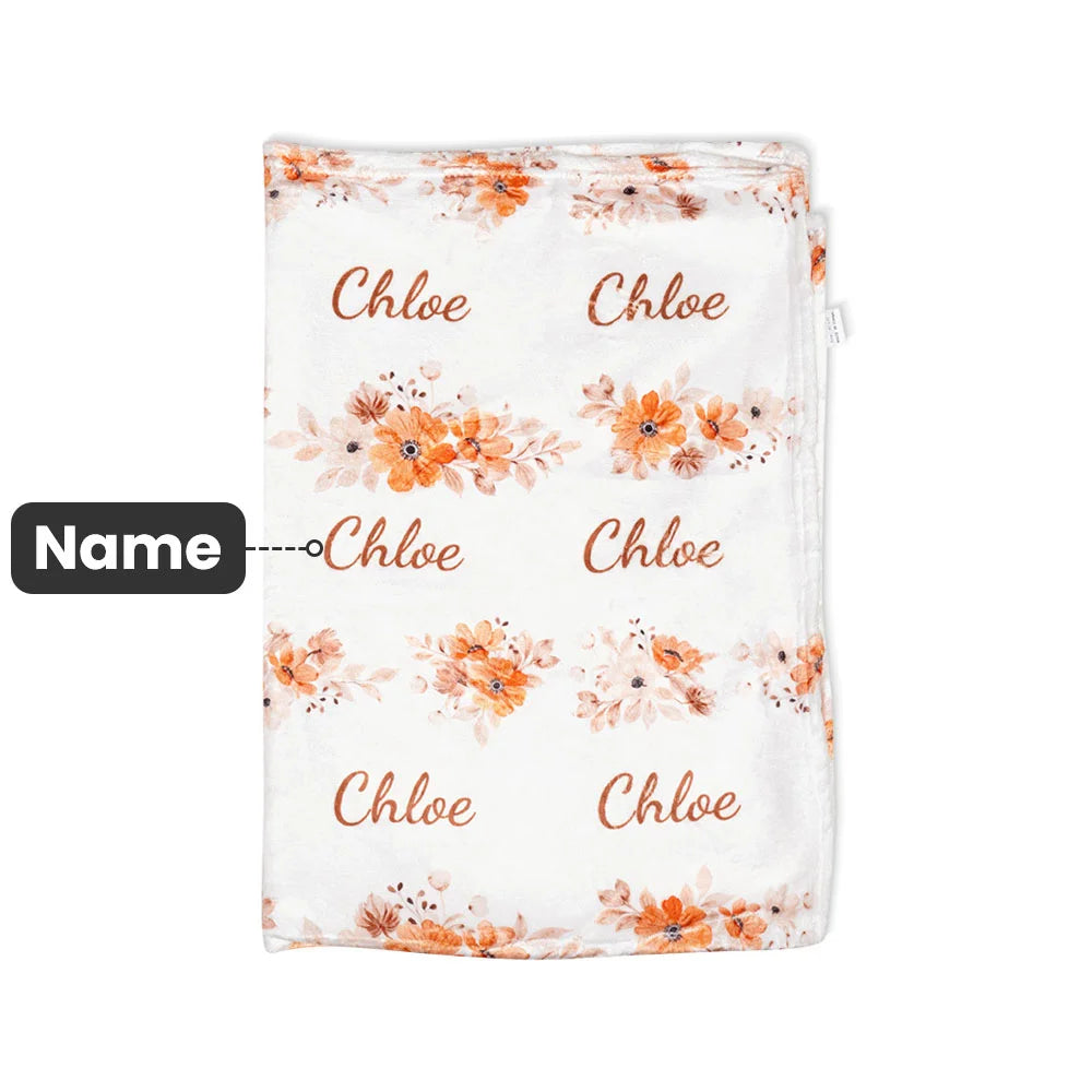 Personalised Peach Floral Name Swaddle Blanket Set with Hat and Headband Soft Gift for Newborn Baby Girl boy Baby Shower or Coming Home