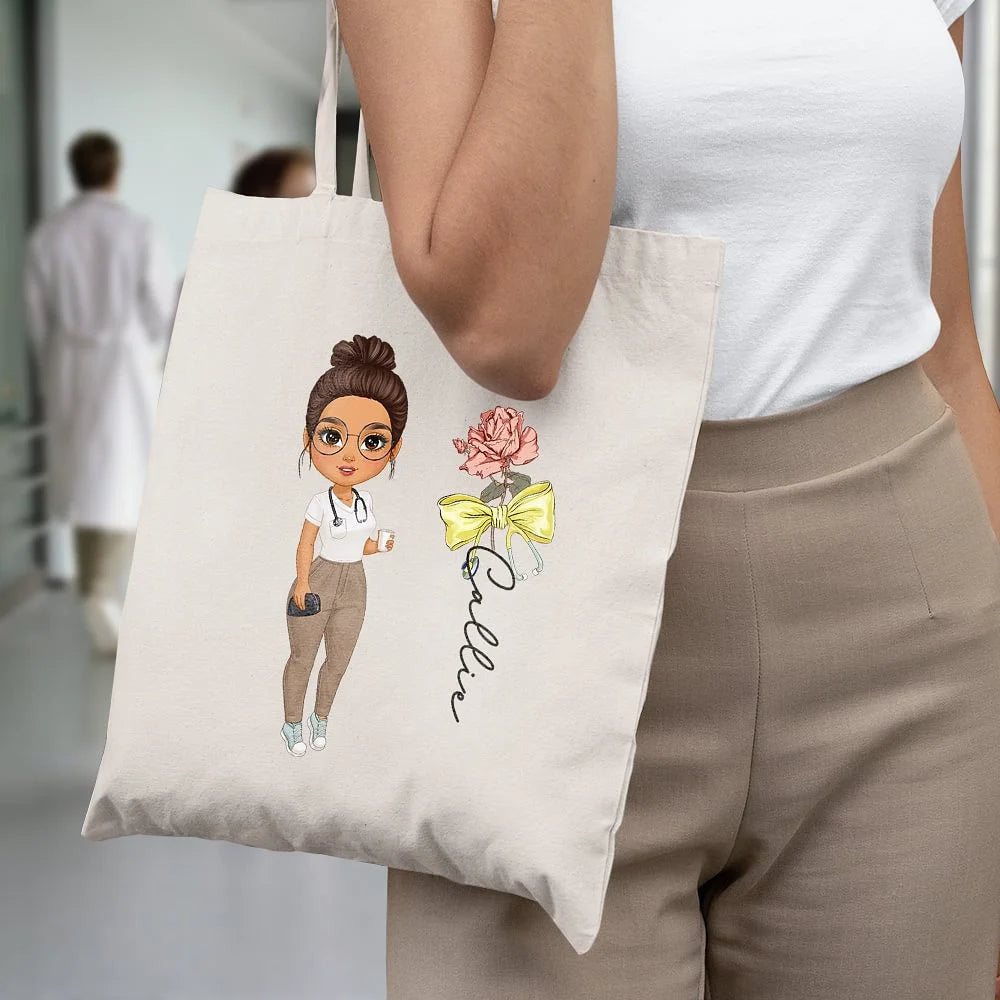 Personalised Canvas Tote Bag with Birth Flower Bow Stethoscope Cartoon Character and Name Birthday Appreciation Gift for Nurse Doctor Medical Staff