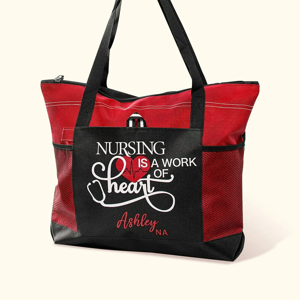 Personalised Nursing Is A Work of Heart Zippered Tote Bag with Large Capacity Nurse Appreciation Nurse Week or Christmas Gift