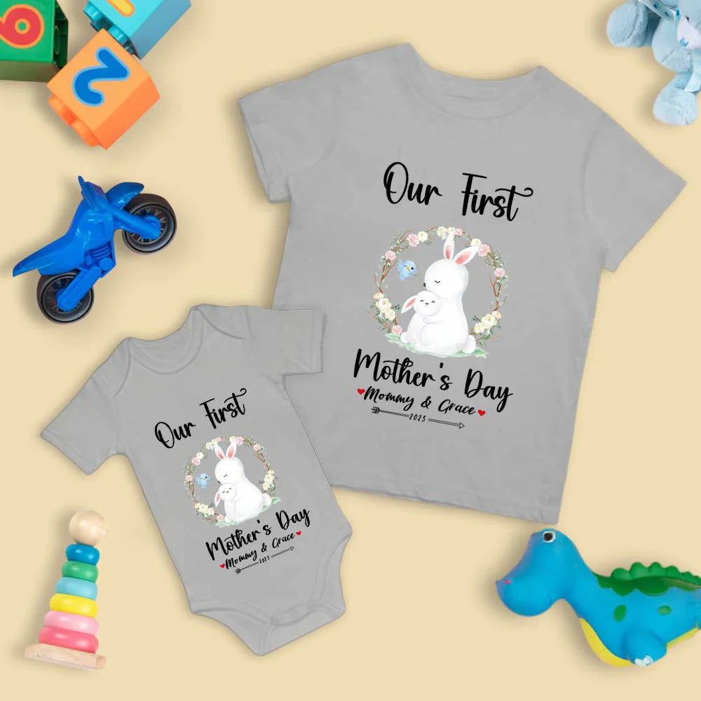 Personalised Bunny Rabbit Mommy T-shirt and Baby Onesie with Names Cotton Our First Mother’s Day Gift for New Mom and Baby