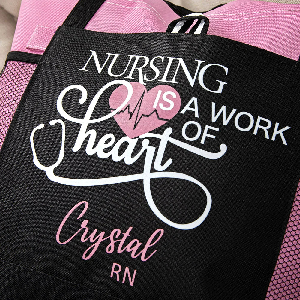 Personalised Nursing Is A Work of Heart Zippered Tote Bag with Large Capacity Nurse Appreciation Nurse Week or Christmas Gift