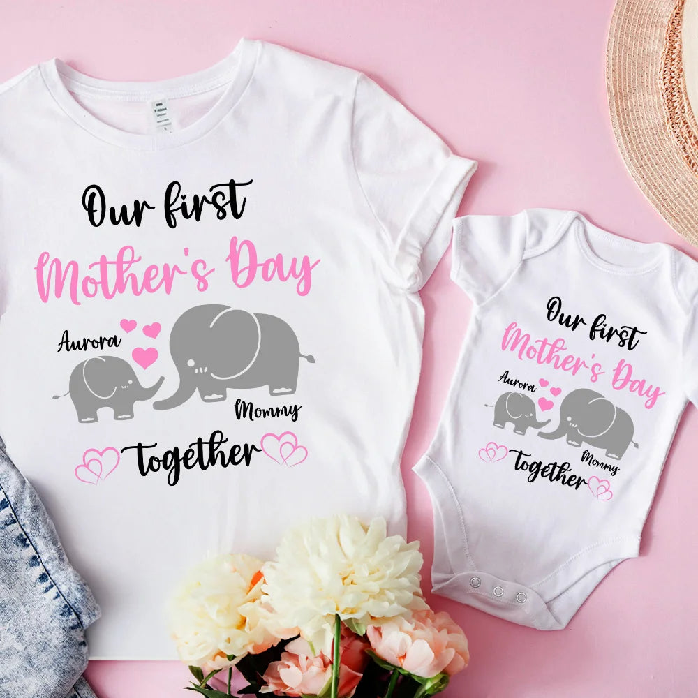 Personalised Together Elephant Design First Mother's Day 100% Cotton Baby Onesie with Names  Gift for Newborn