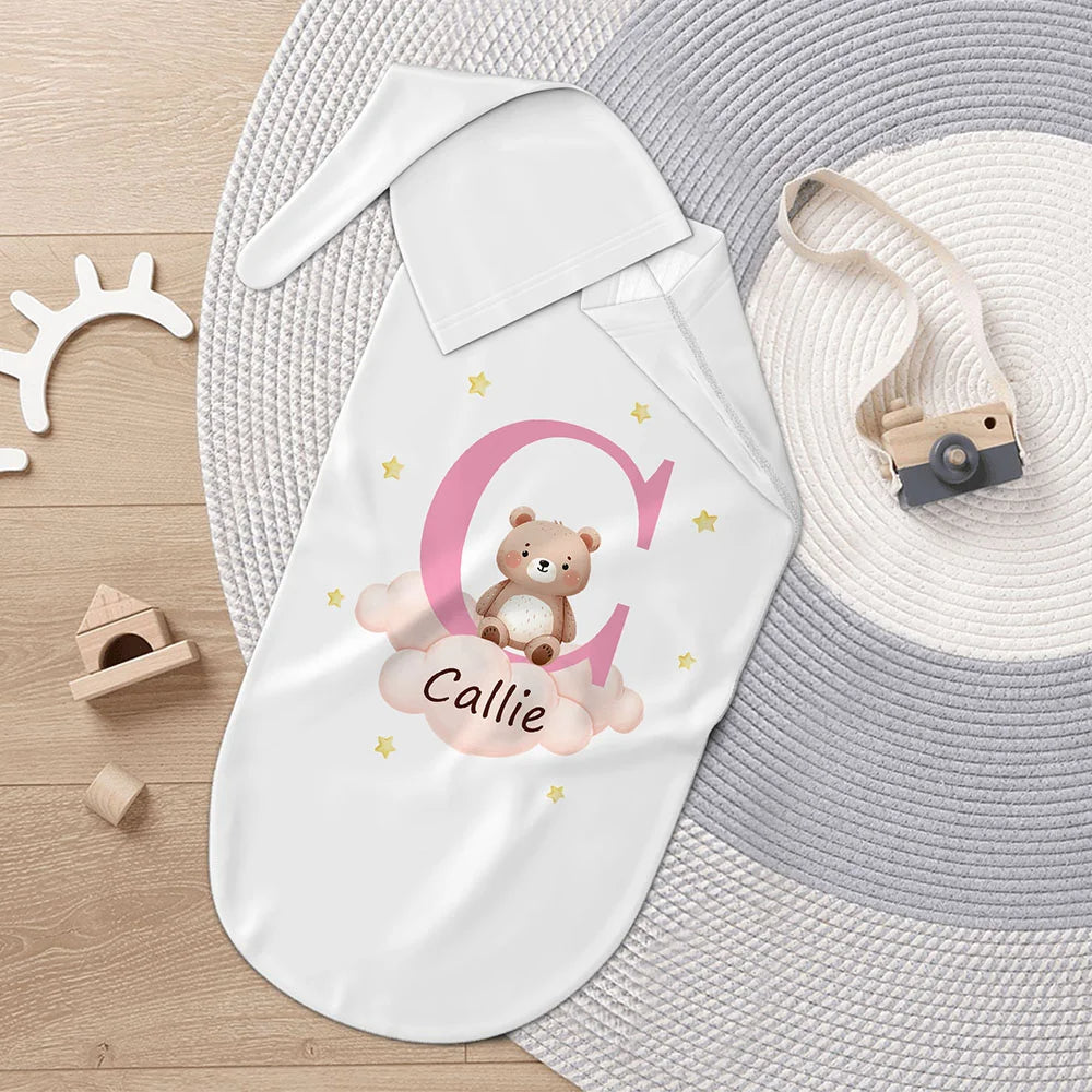 Personalized Baby Swaddle Set | Embroidered Cotton Animal Hat & Blanket for Baptism Gifts, Baby Shower Essentials