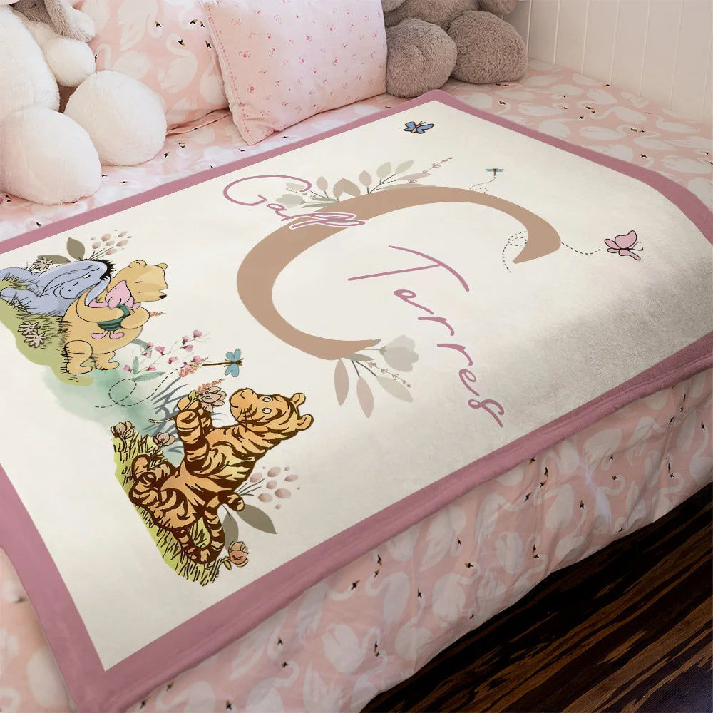 Personalized Soft Throw Blanket with Classic Winnie the Pooh, Name and Initial – Room Decor, Birthday or Baby Shower Gift for Babies and Kids