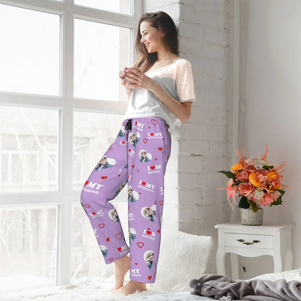 Personalised Photo Portrait Pajama Pants with Drawstring I Love My Boyfriend Girlfriend Valentine's Day or Anniversary Gift for Couples