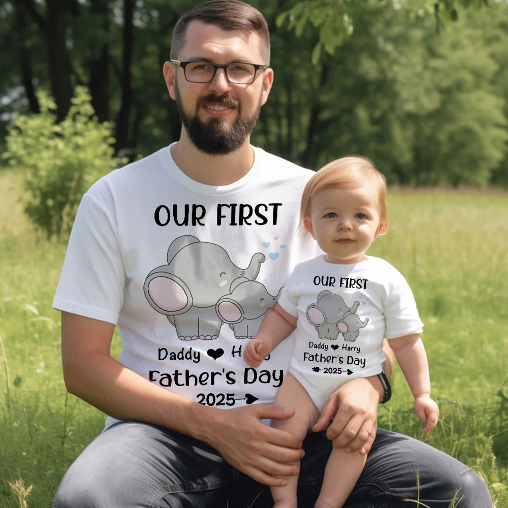 Personalised Elephant Parent and Child Matching Shirt Our First Father’s Day Together Outfit Gift for Dad and Baby
