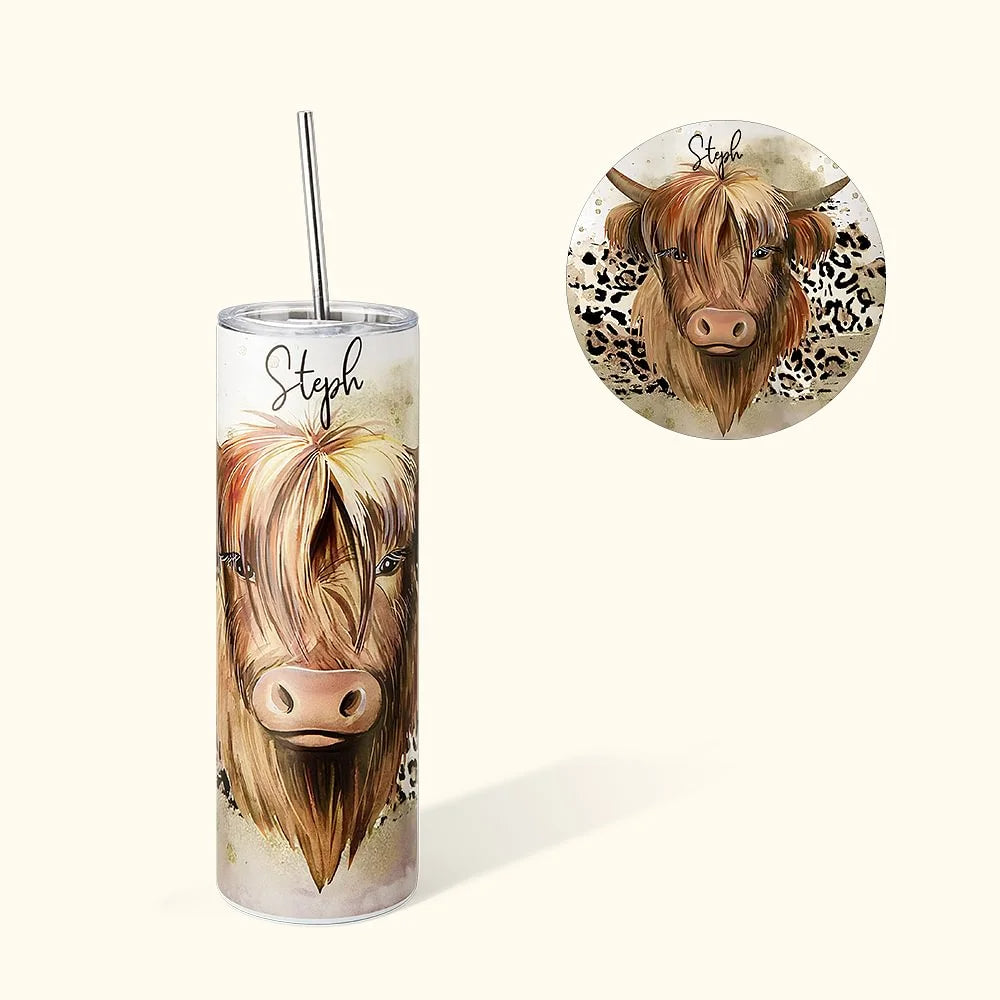 Personalized Highland Cow Tumbler 20oz – Food-Grade Stainless Steel Skinny Cup with Straw – Custom Name Gift for Christmas, Birthday – Cute Gift for Cow Lovers, Farmhouse Decor