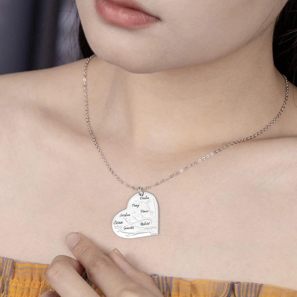 Personalized Heart Family Tree Necklace with Engraved Kid Name Mother's Day Birthday Gift for Grandma Mom